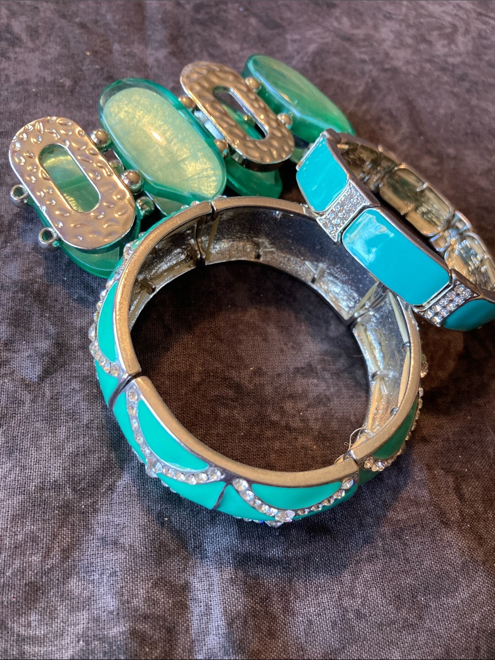 Trio Bracelet Set Stretchy Enamel Rhinestone Beads Rich Teal